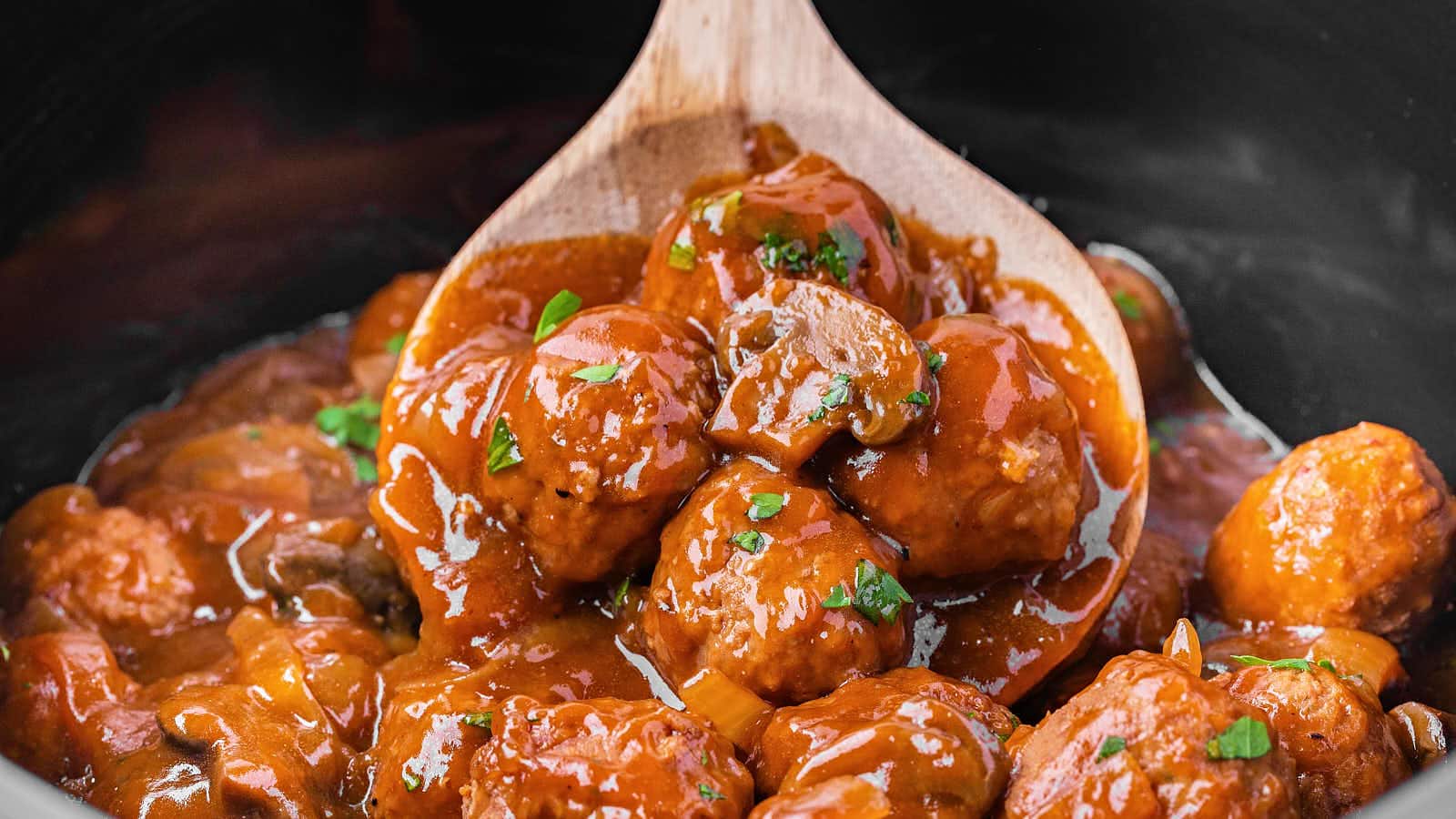 Salisbury Steak Meatballs made in the Crockpot recipe by Cheerful Cook.