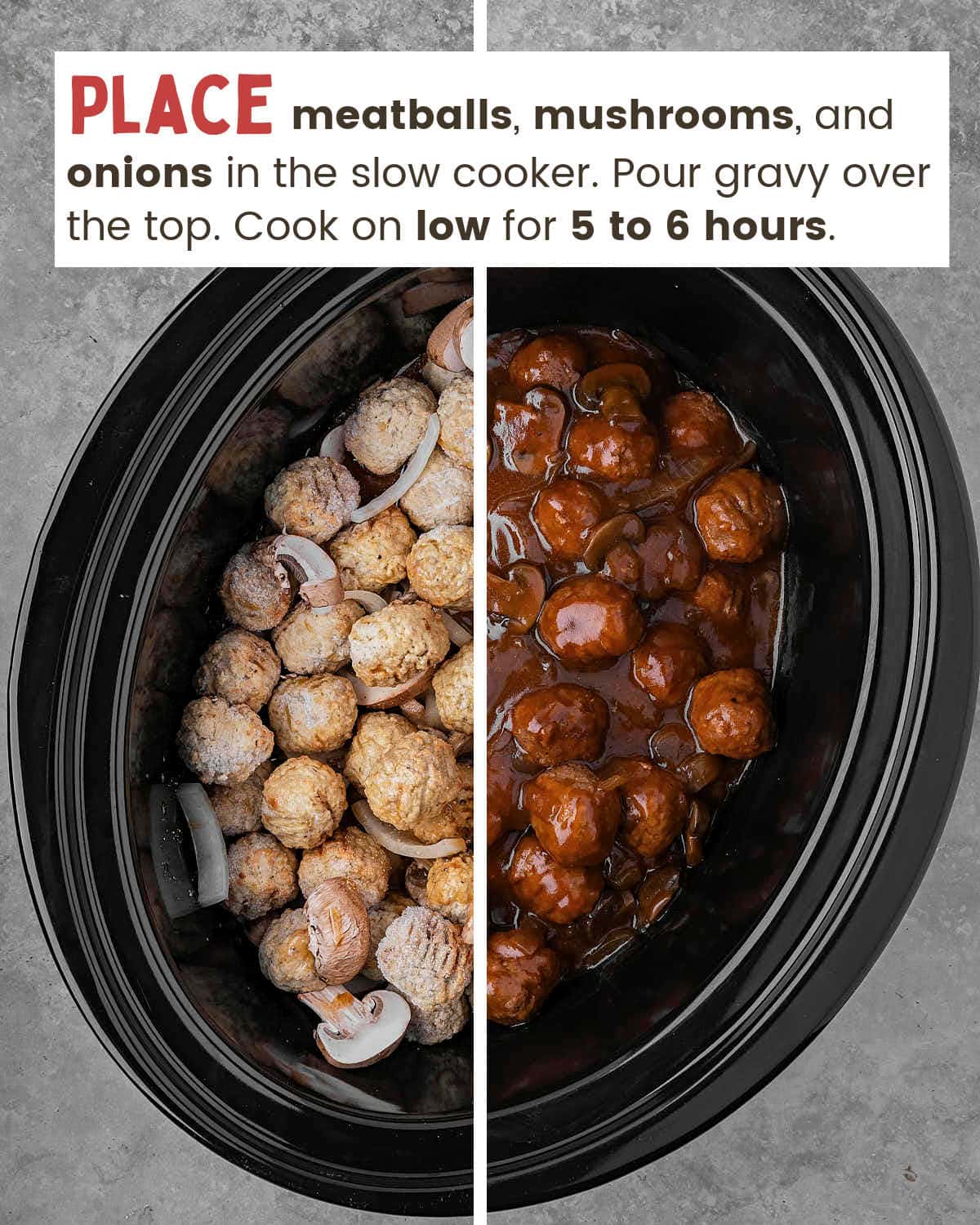On left, mushrooms, onions, and meatballs in a slow cooker. On right, they are covered with gravy.