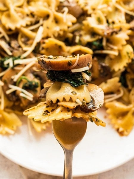 A forkful Spinach Mushroom Pasta.