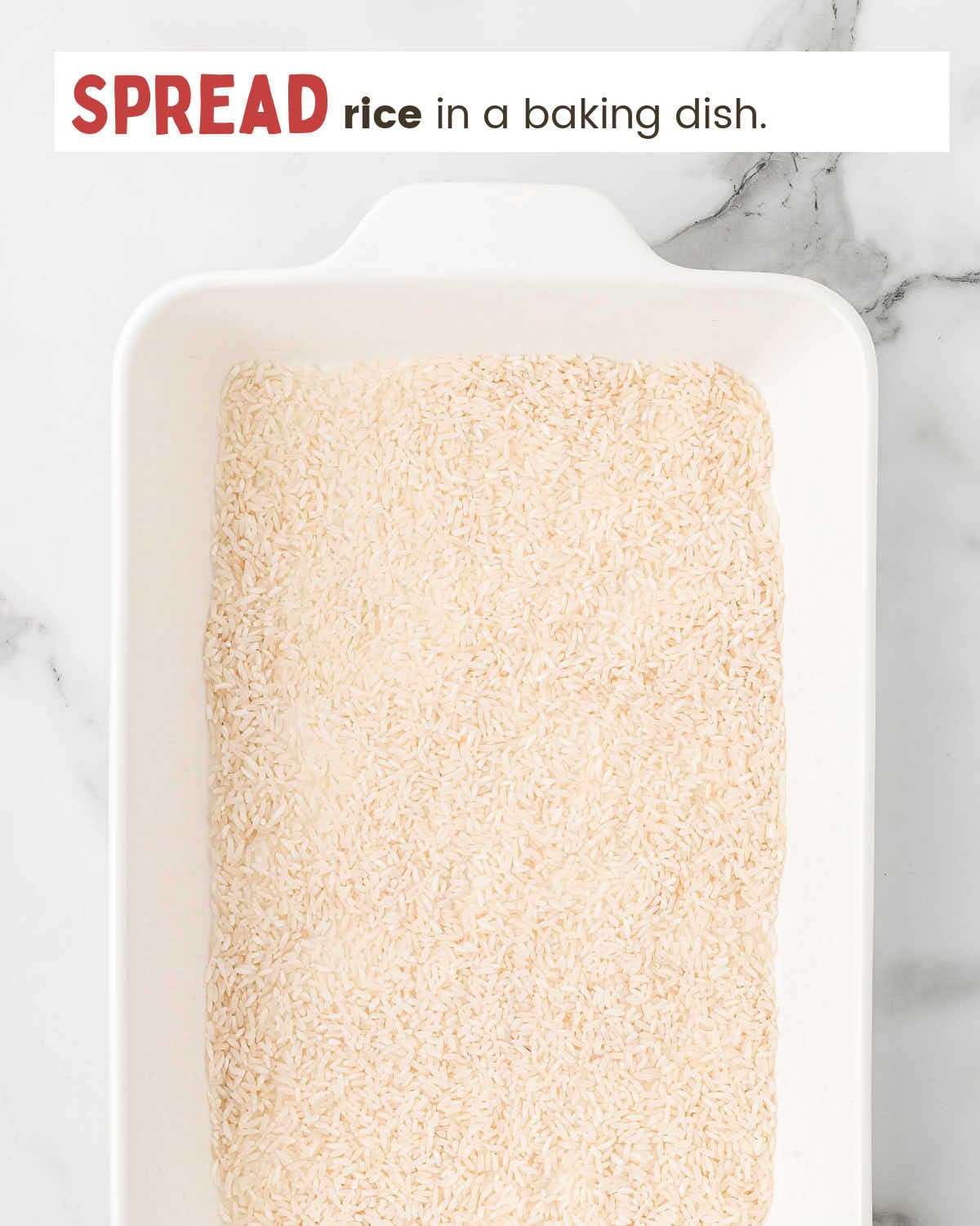 Uncooked rice in a baking dish. 