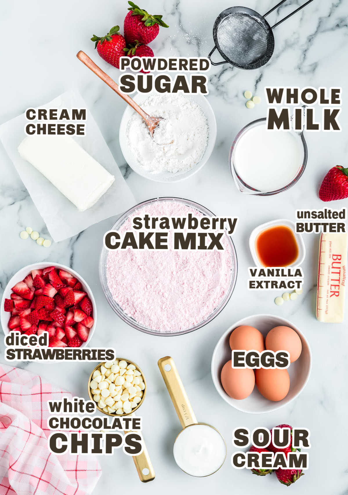 Ingredients needed to make Strawberry Earthquake Cake. 