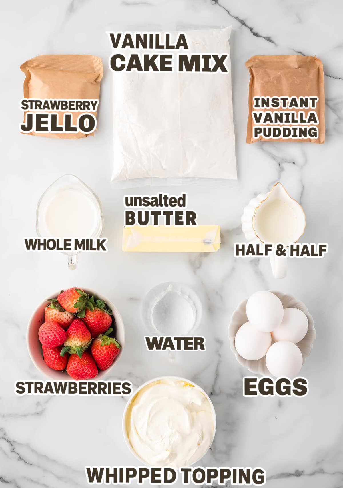 Ingredients needed to make Strawberry Poke Cake.