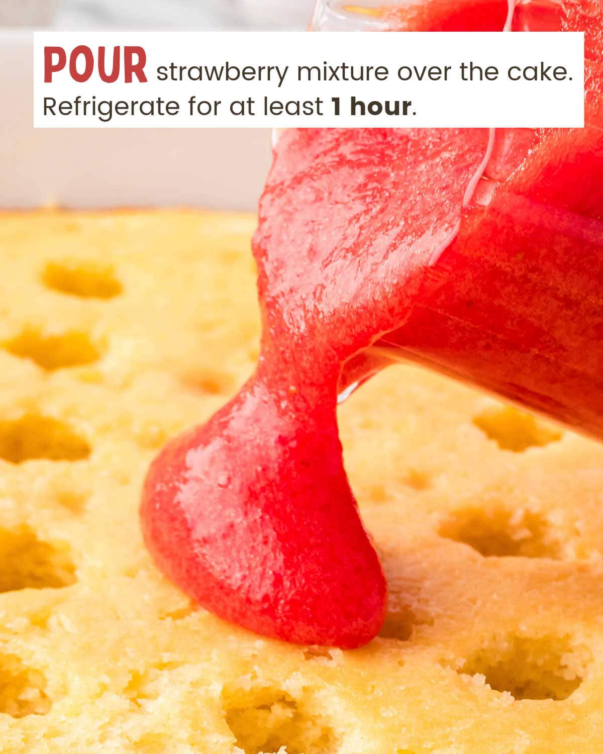 Strawberry Jello mixture is being poured onto a cake poked with holes.