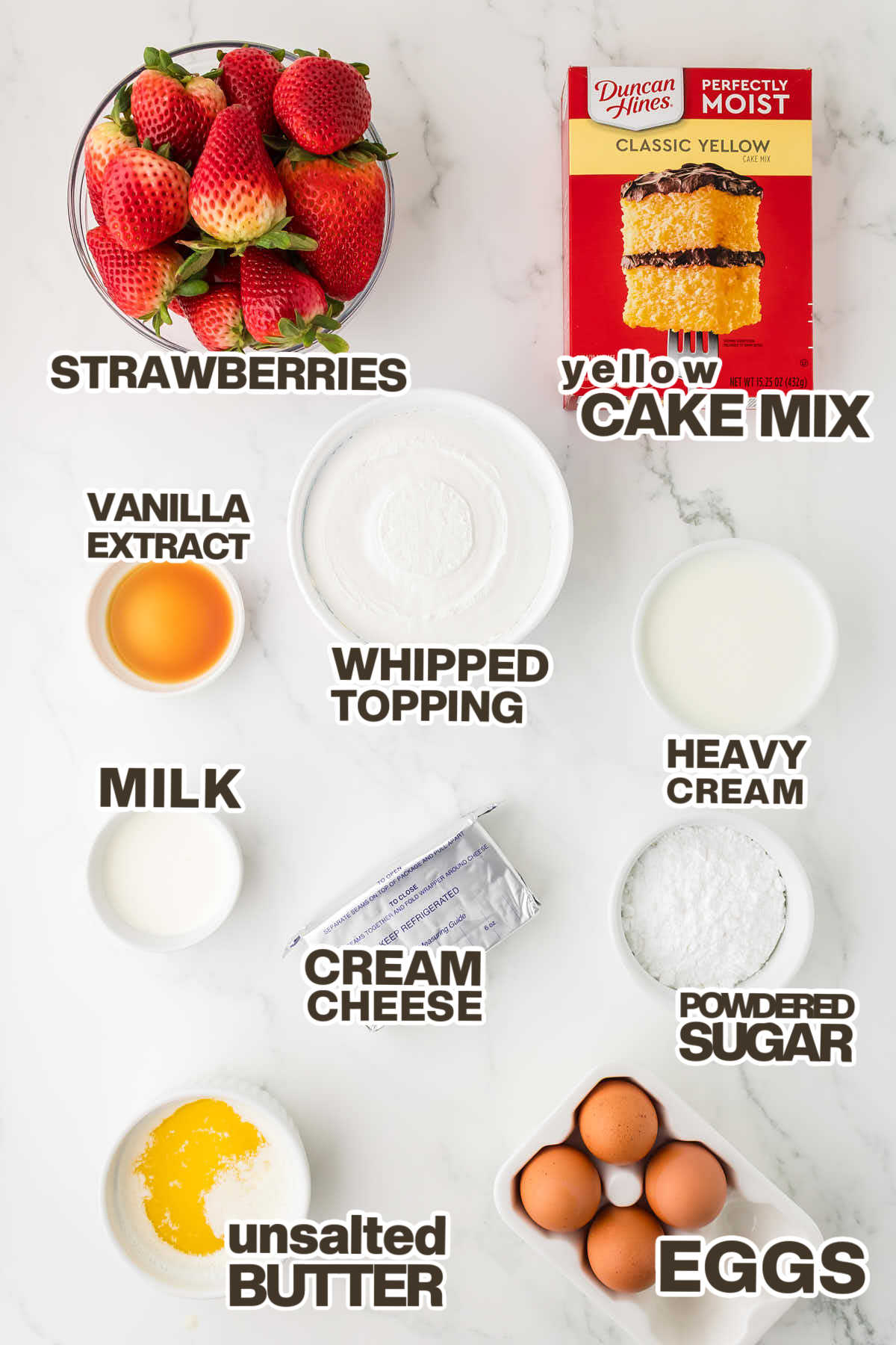Ingredients needed to make a Strawberry Shortcake.