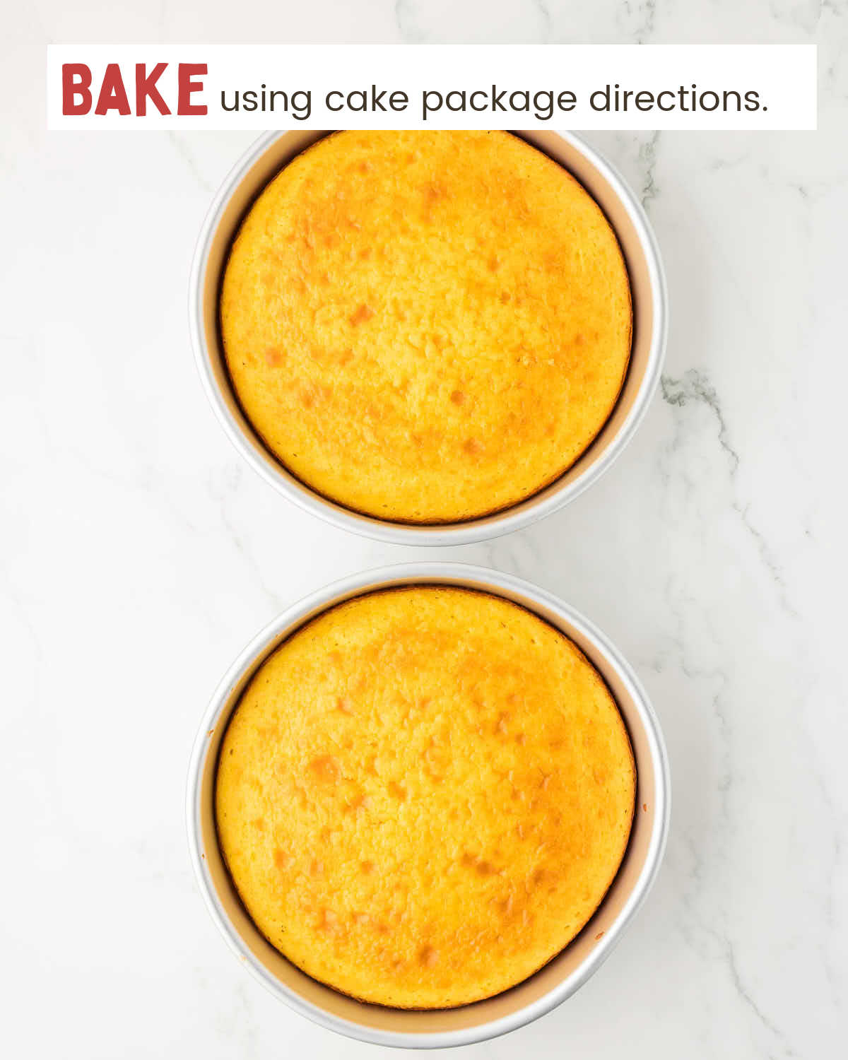 Two round cake pans with bake cakes.