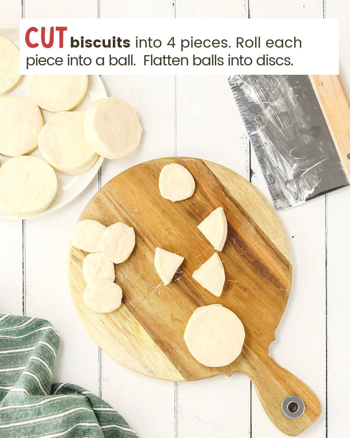 Biscuit pieces and rounds on a cutting board and plate. 