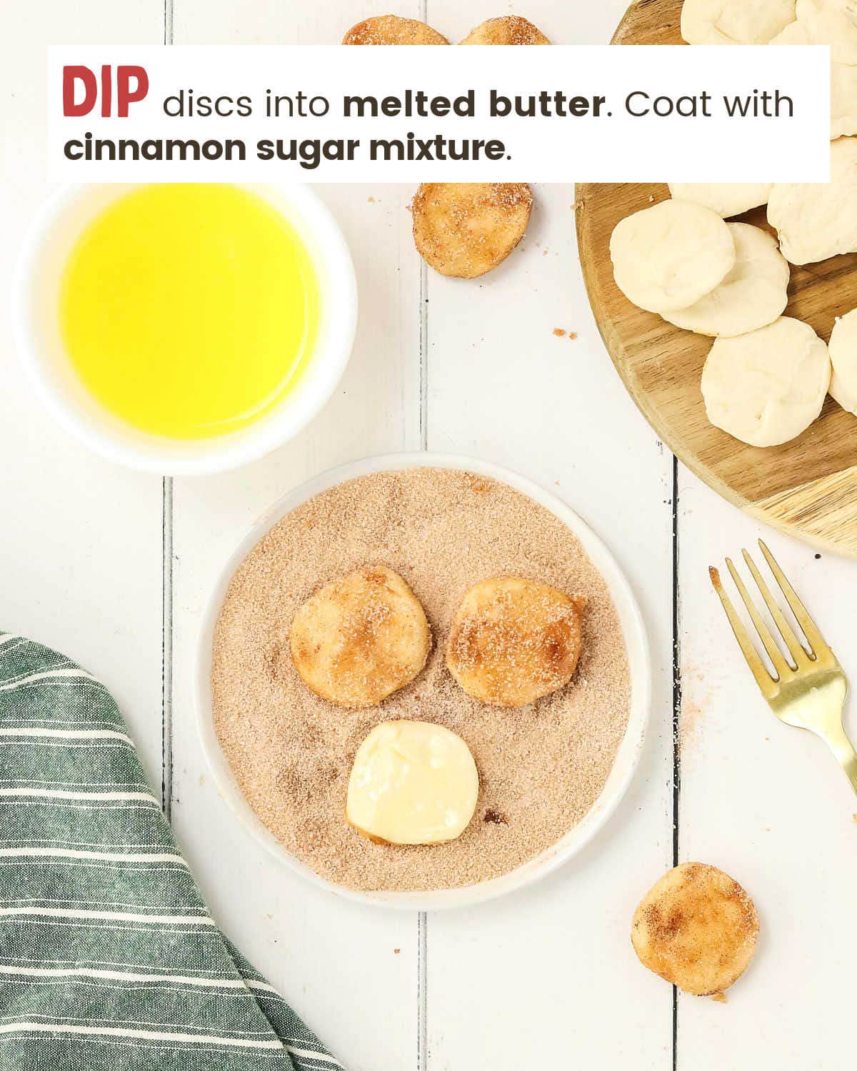 Three biscuit discs in a bowl with cinnamon sugar next to a bowl with melted butter.