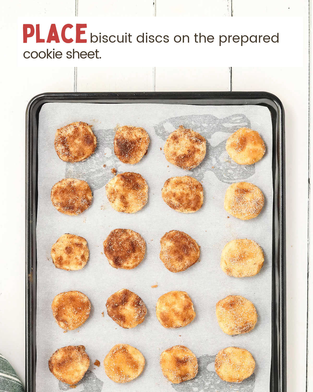 Biscuit discs coated with cinnamon and sugar on a parchment-paper-lined baking sheet.