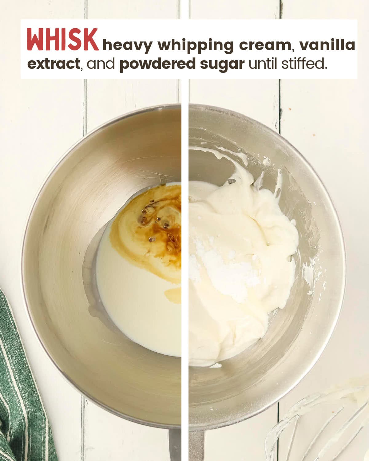 On left, ingredients to make homemade whipped cream in a mixing bowl. On right, homemade whipped cream in a mixing bowl.