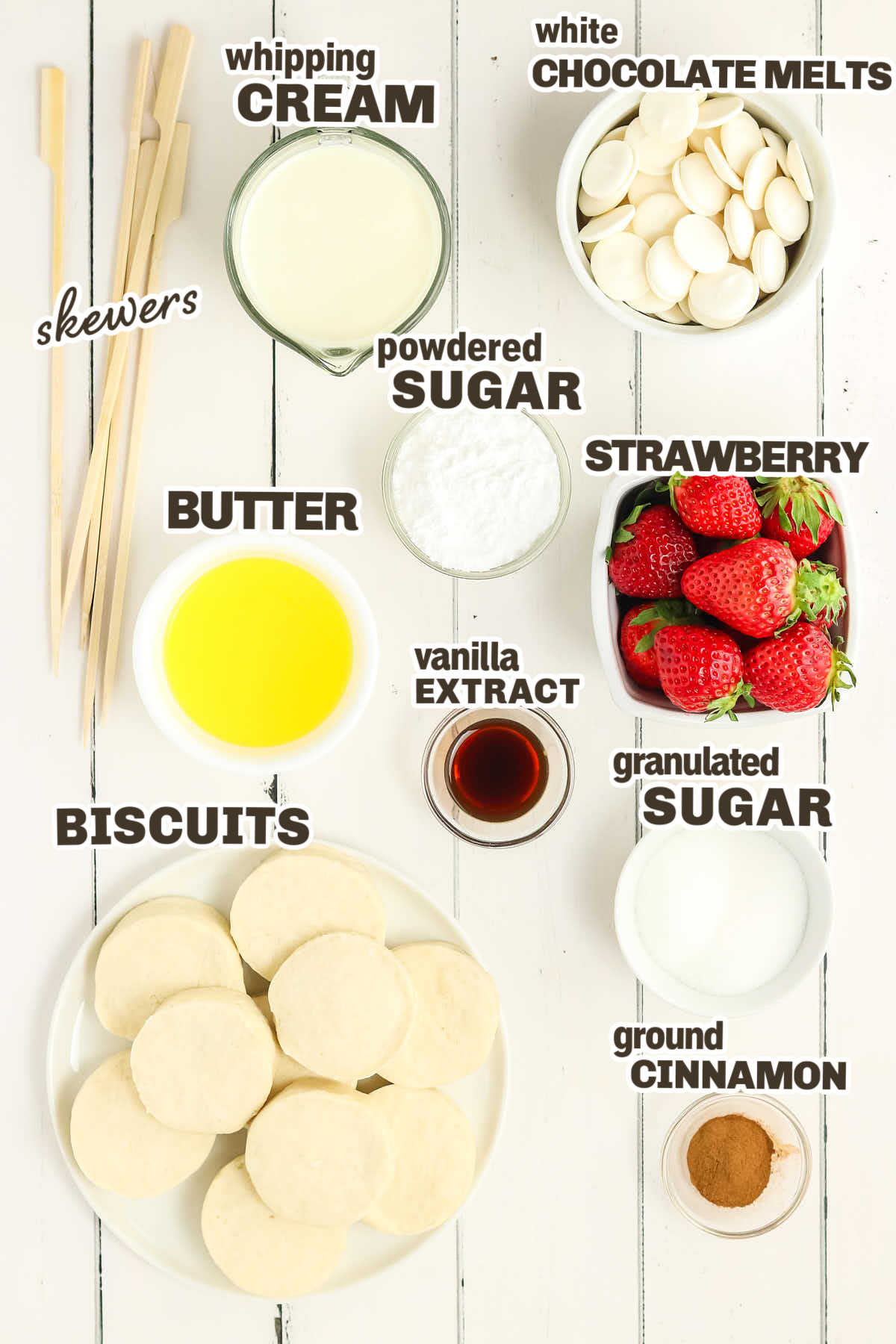 Ingredients needed to make Strawberry Shortcake Kebobs.