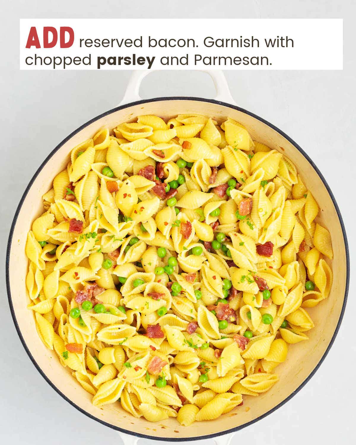 Bacon pasta with frozen peas in a pan.