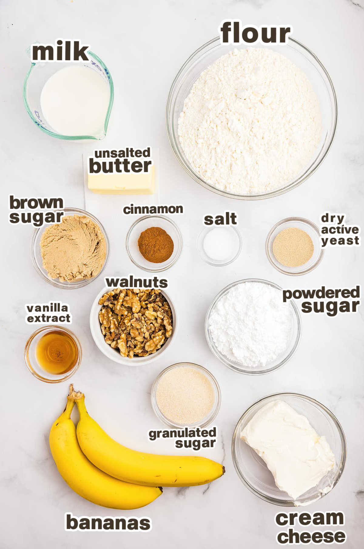 Ingredients needed to make Banana Cinnamon Rolls. 