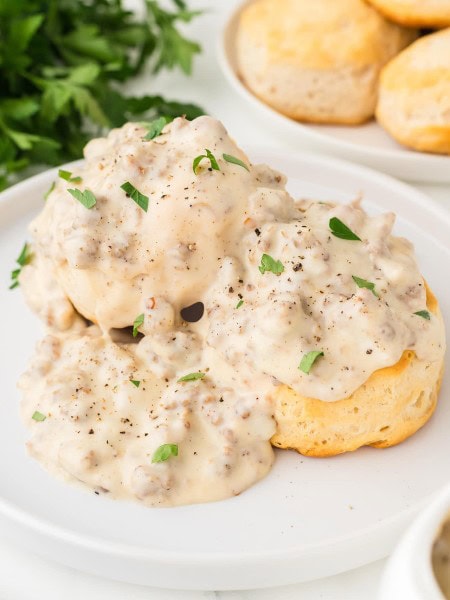Biscuits and Gravy served on a white plate.