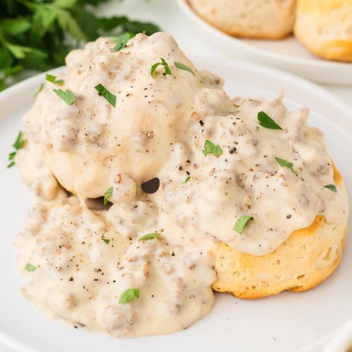 Biscuits and Gravy served on a white plate.