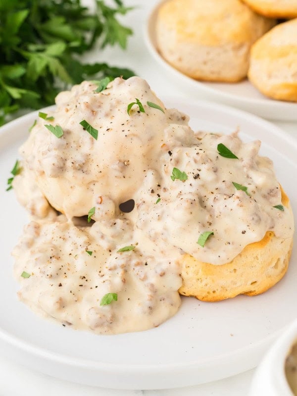 Biscuits and Gravy served on a white plate.