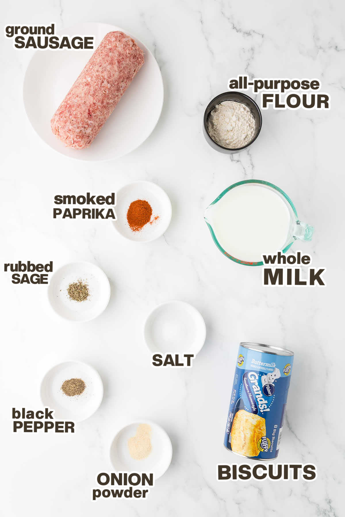 Ingredients needed to make Biscuits and Gravy.