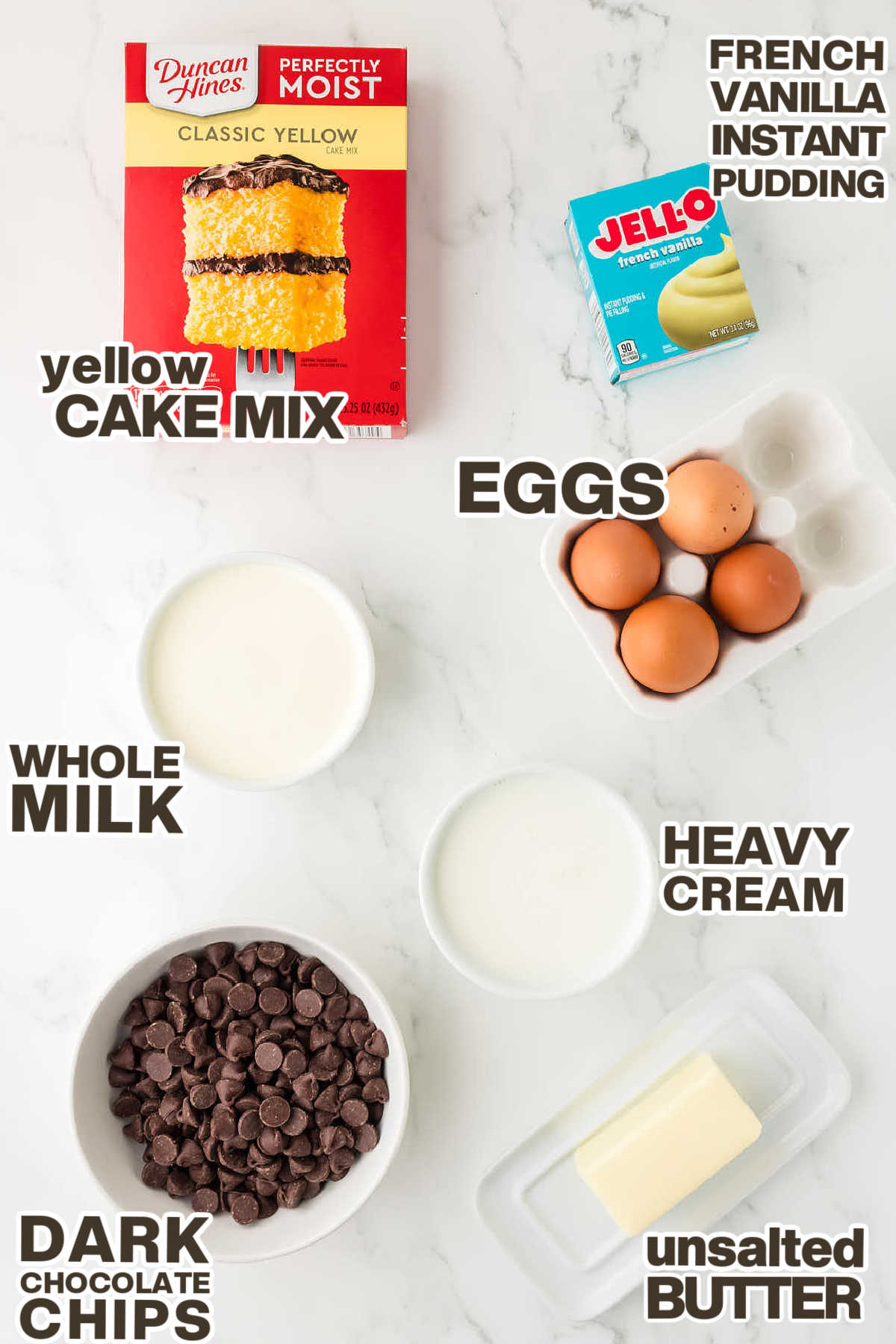 Ingredients needed to make Boston Cream Poke Cake. 