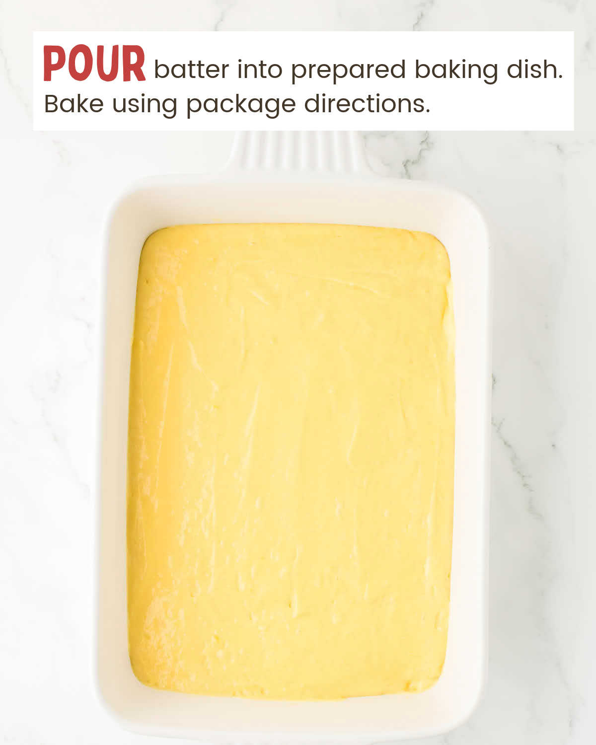 Cake batter in a baking dish.