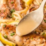 Drizzling sauce over Chicken Scampi.