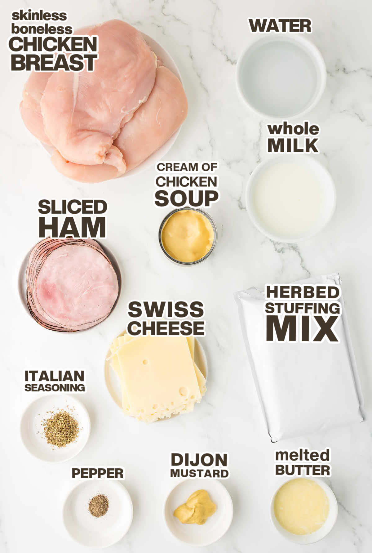 Ingredients needed to make Crockpot Chicken Cordon Bleu.