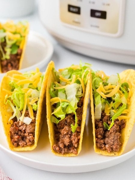 Crockpot Taco Meat in a hard taco shell.