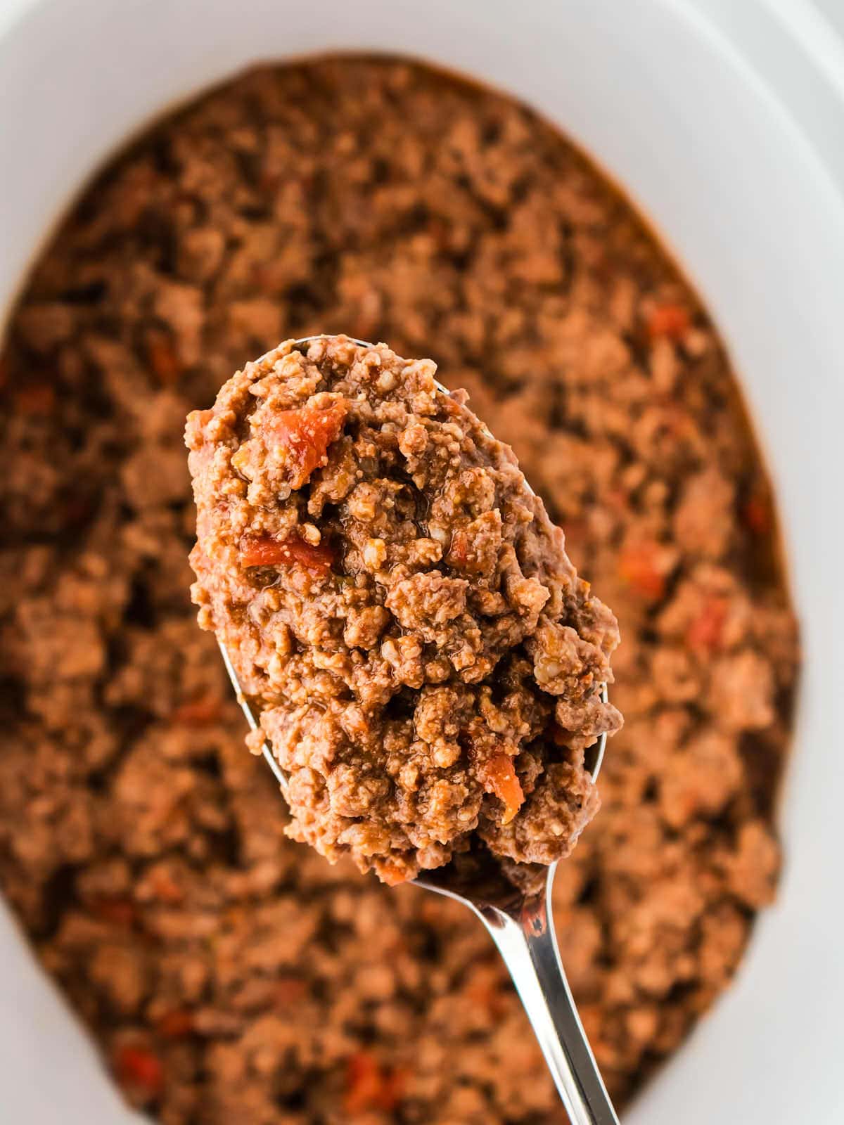A serving spoonful of Slow Cooker Taco Meat. 
