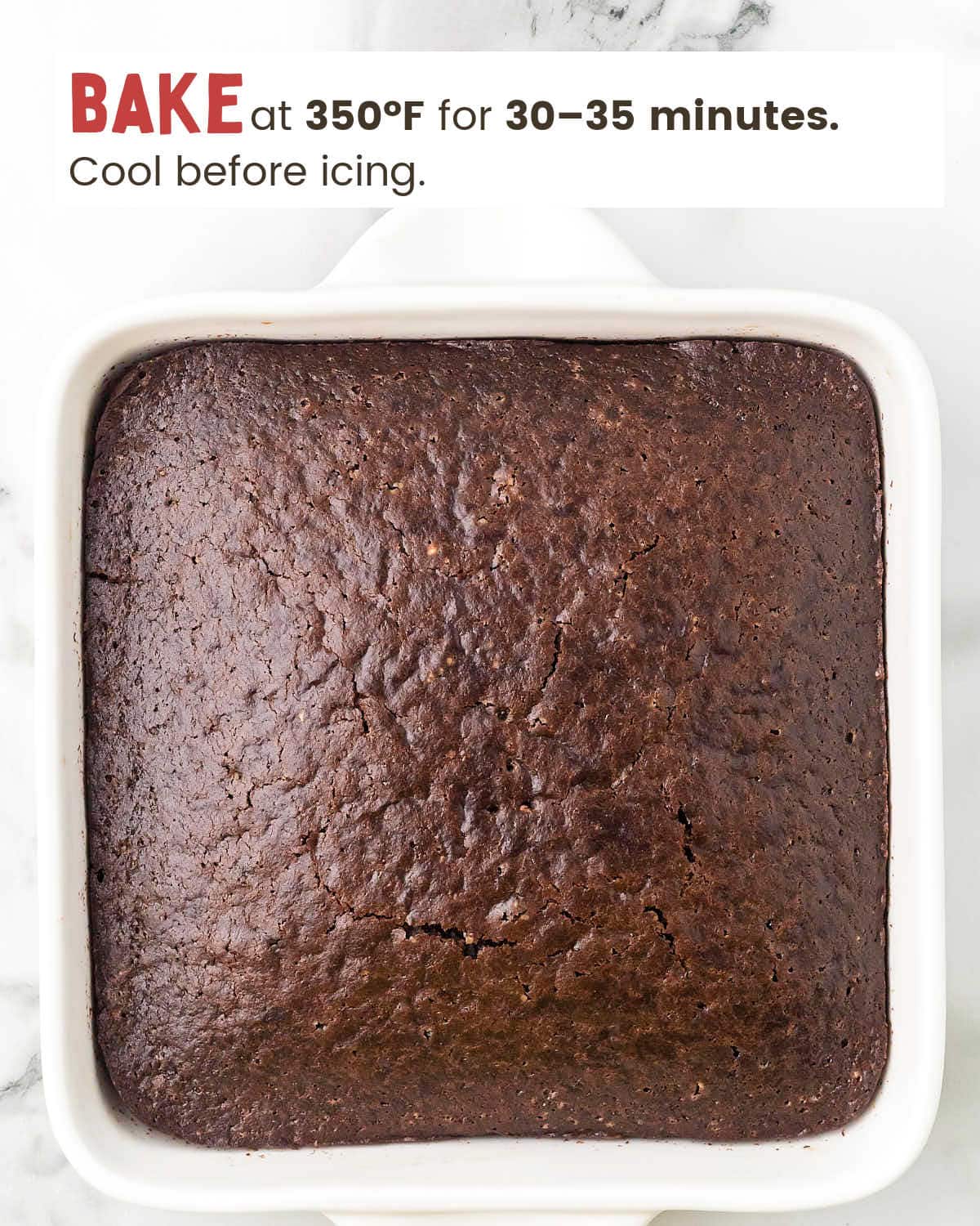 Chocolate cake in a baking dish.