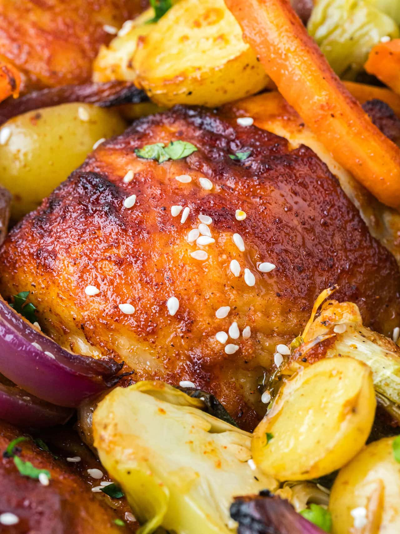 Closeup of a Honey Siracha Chicken.
