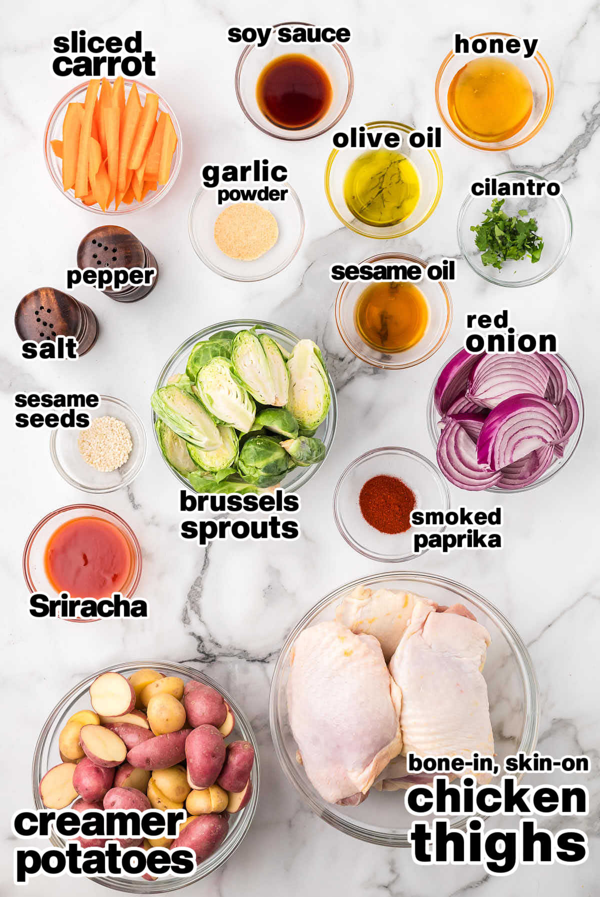 Ingredients needed to make Honey Sriracha Chicken.