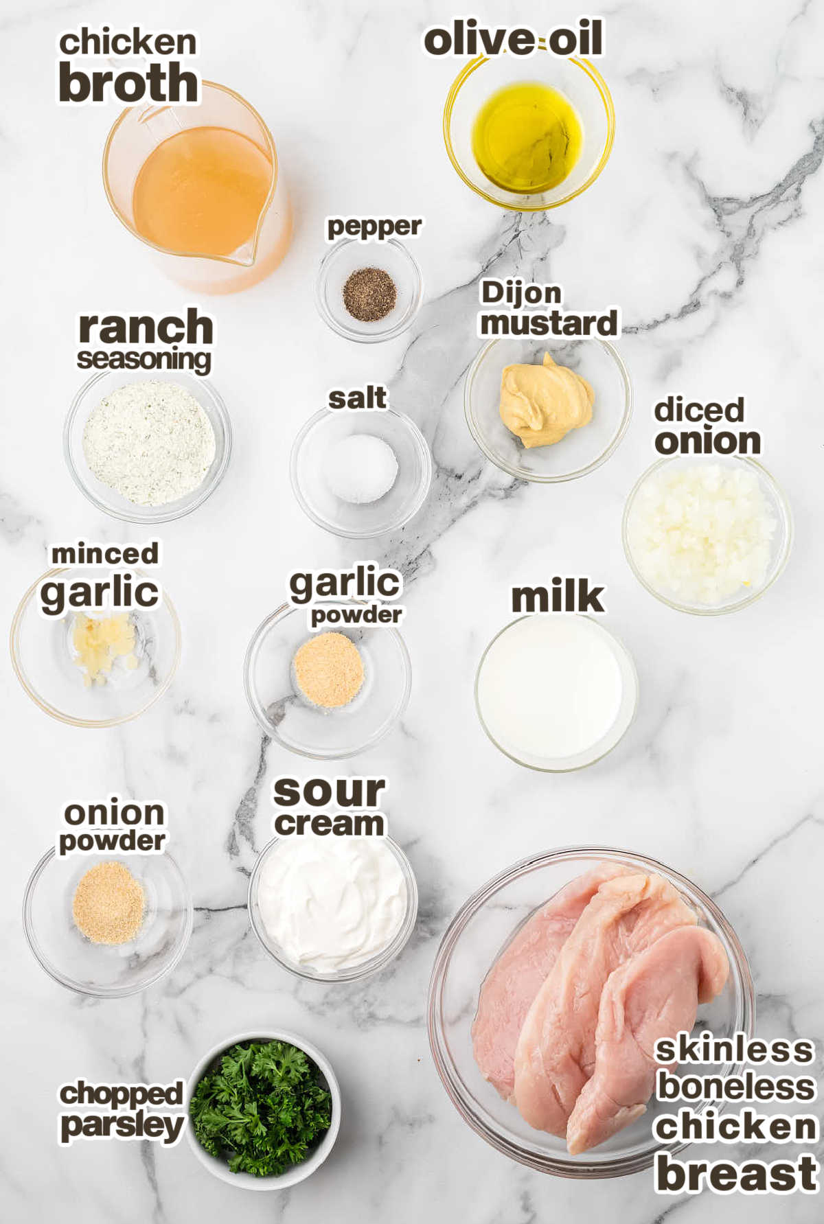 Ingredients needed to make Ranch Chicken. 