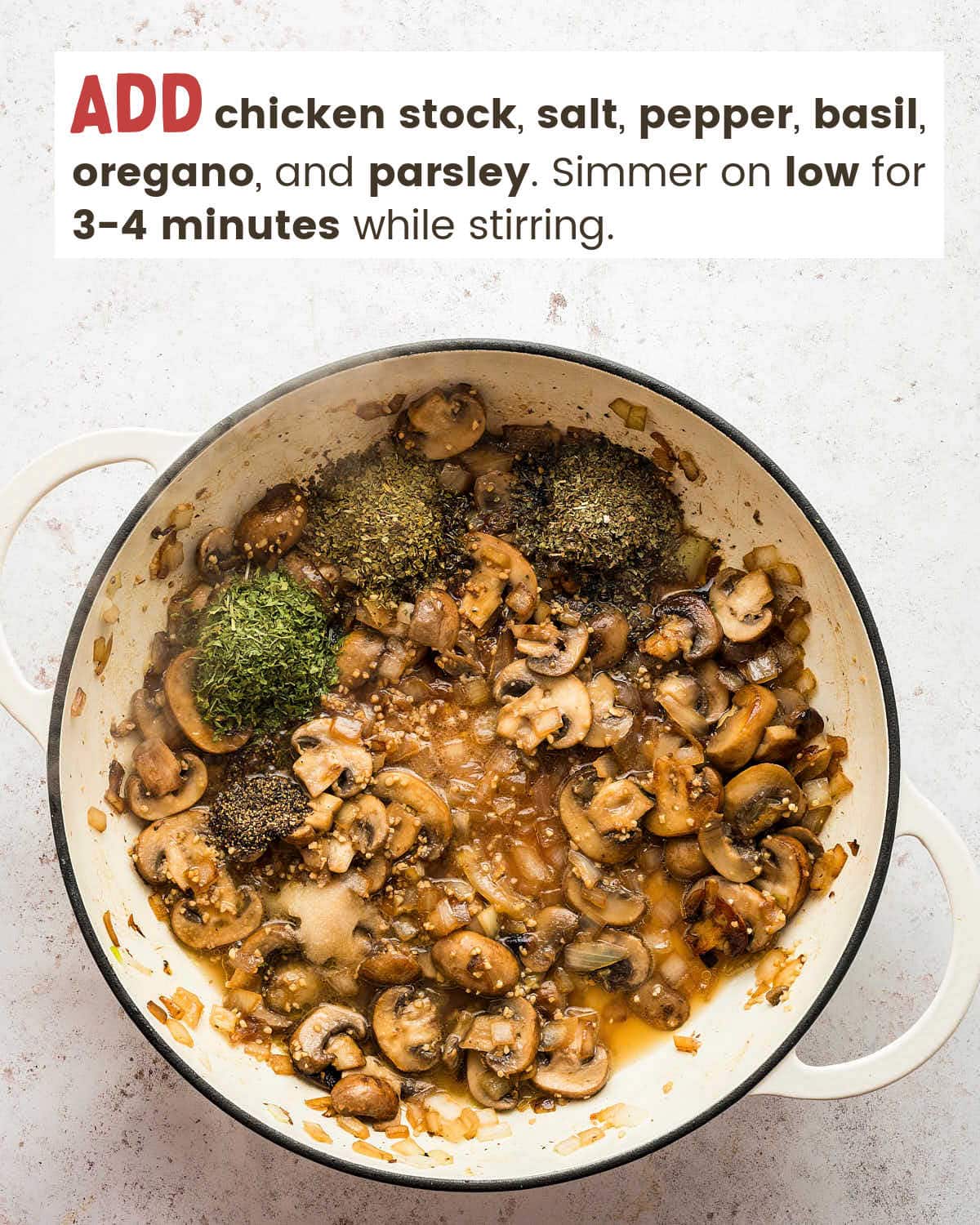 Mushrooms, onions, seasonings, and herbs in a pot.