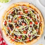 Topdown view of a freshly baked Taco Pizza.