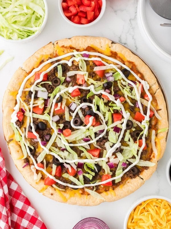 Topdown view of a freshly baked Taco Pizza.