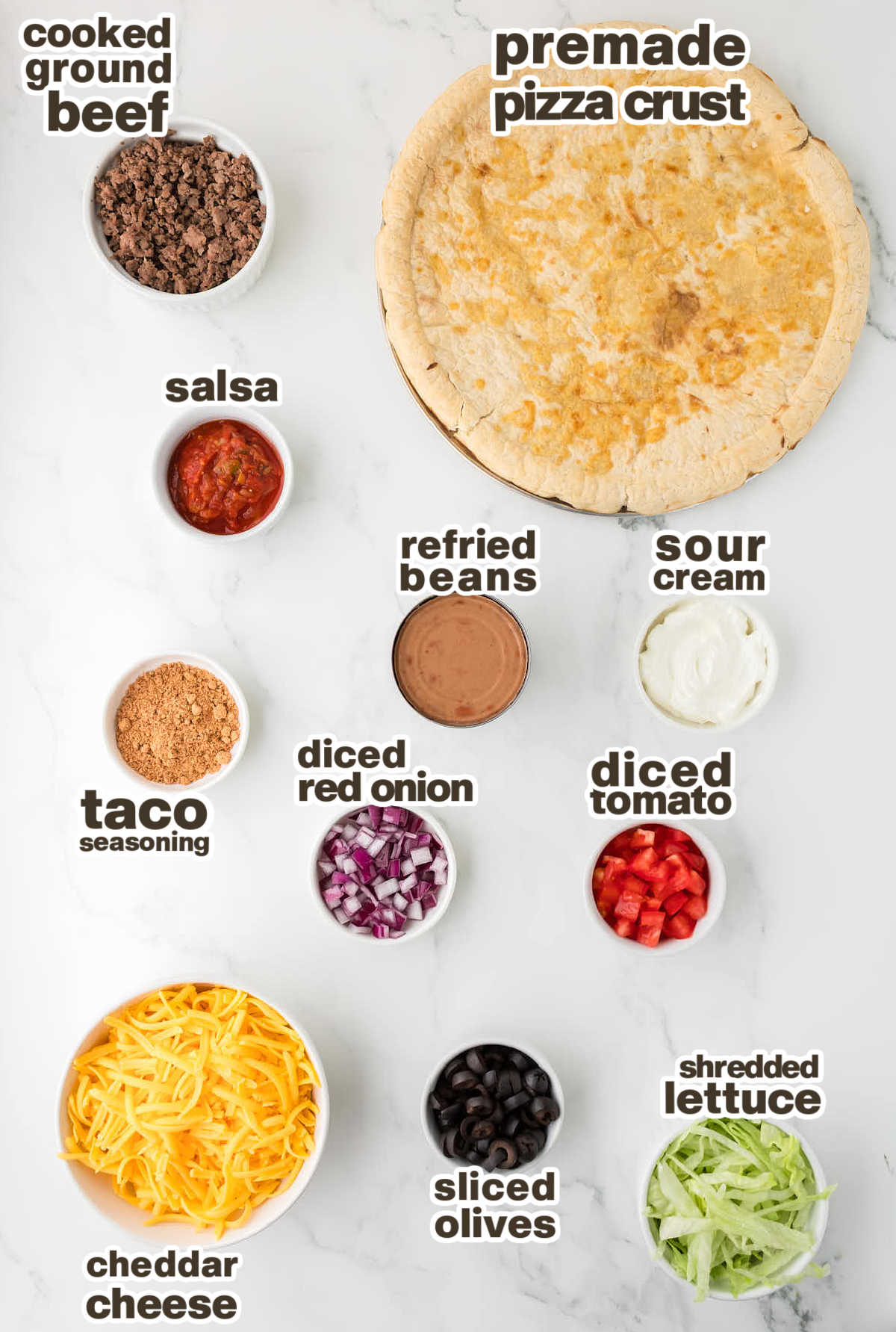 Ingredients needed to make Taco Pizza. 