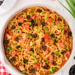 Top down view of a skillet with one pot Taco Spaghetti.