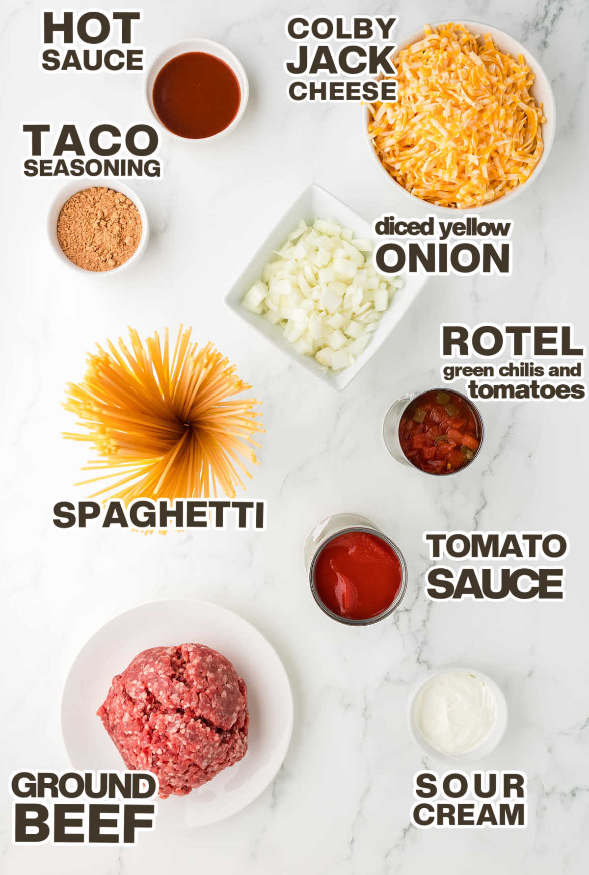 Ingredients needed to make Taco Spaghetti.