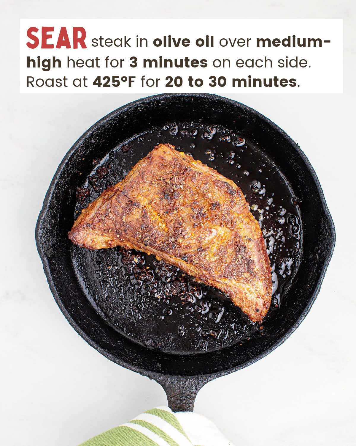 Tri-tip steak in a cast iron skillet.