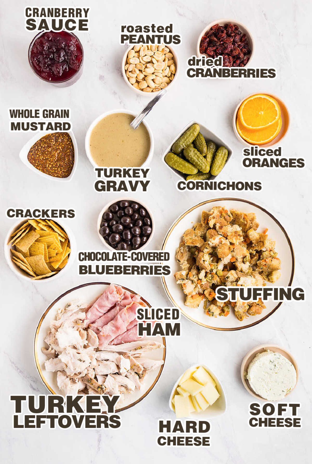 Ingredients needed to make a Thanksgiving Leftovers Charcuterie Board.