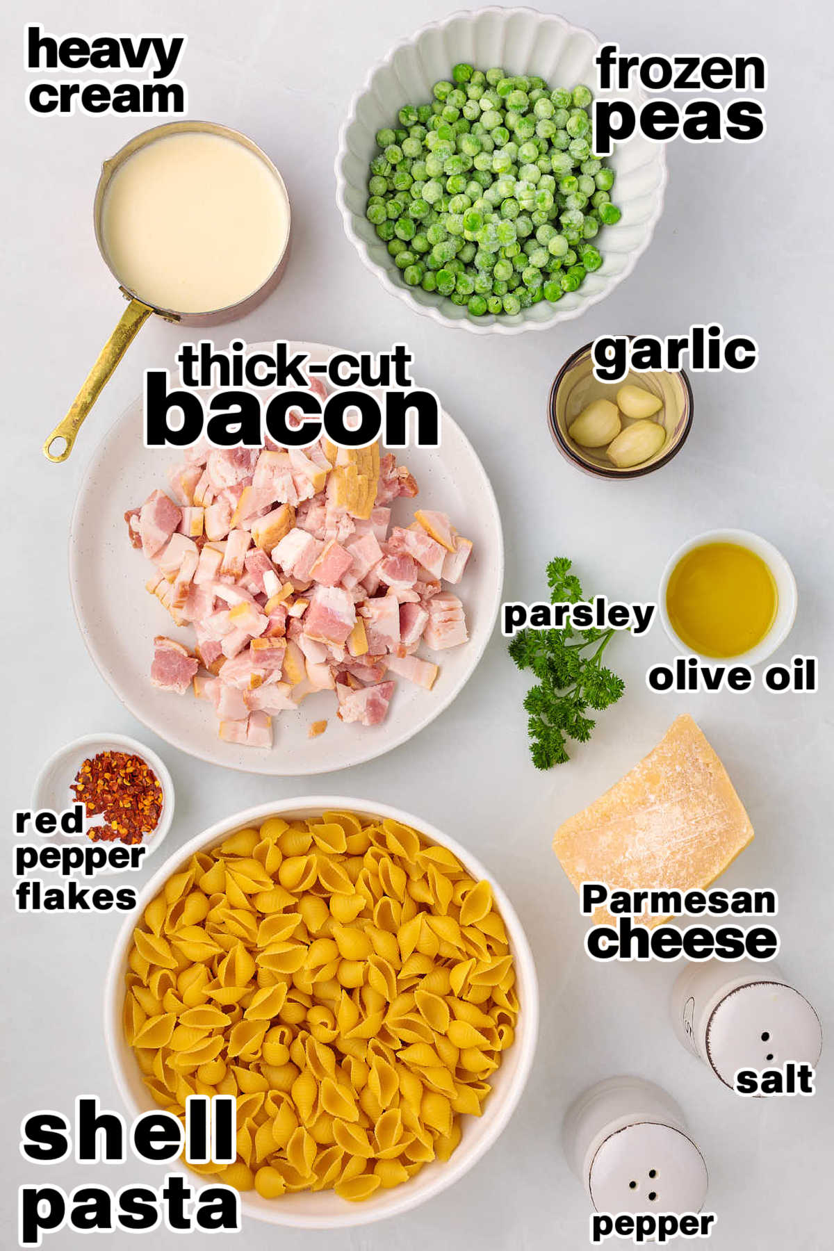 Ingredients needed to make Bacon Pasta with Peas.