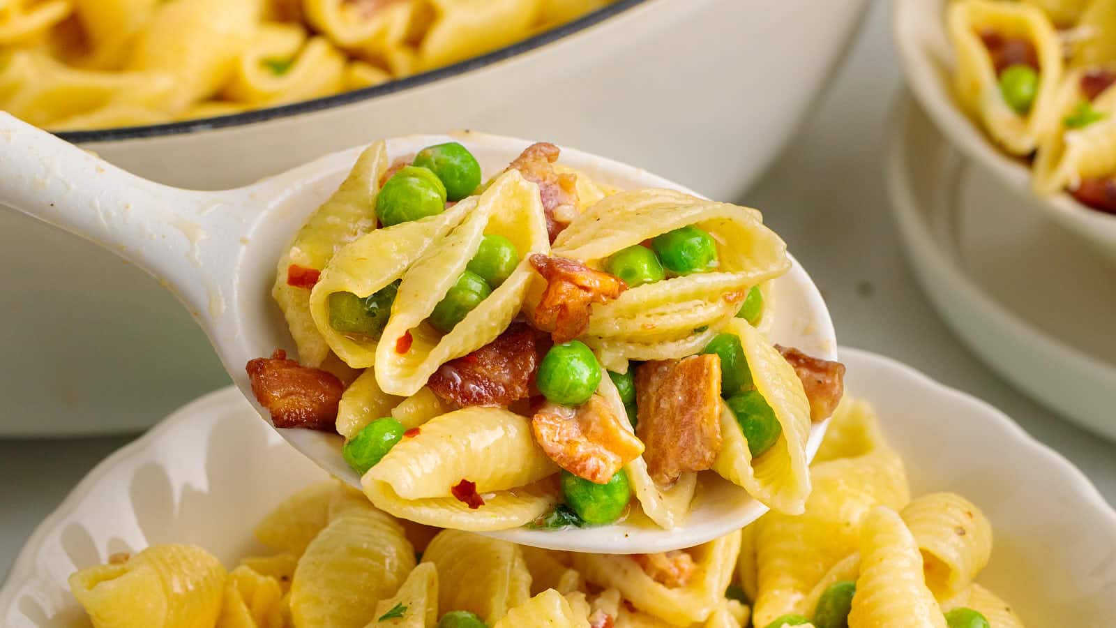 Bacon Pasta with Peas recipe by Cheerful Cook.