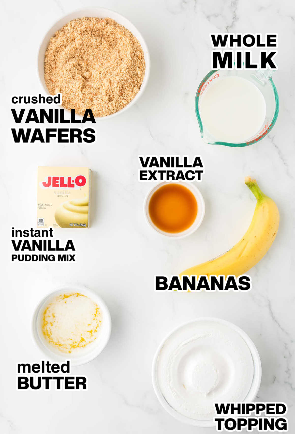 Ingredients needed to make a Banana Cream Pie.