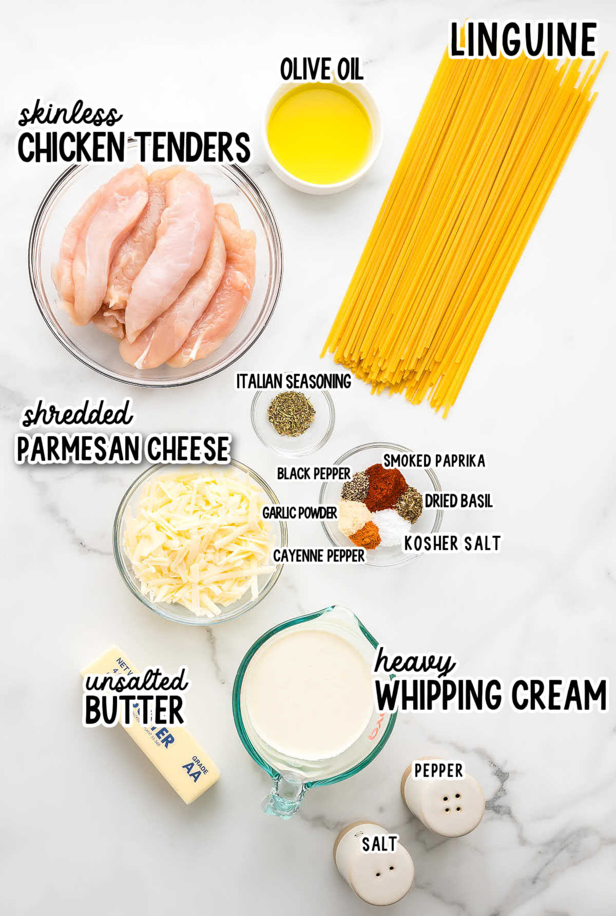 Ingredients needed to make Blackened Chicken Alfredo.