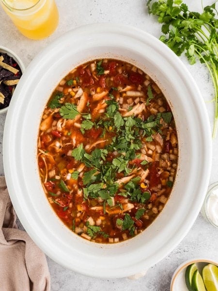 Chicken Tortilla Soup in a white Crockpot.