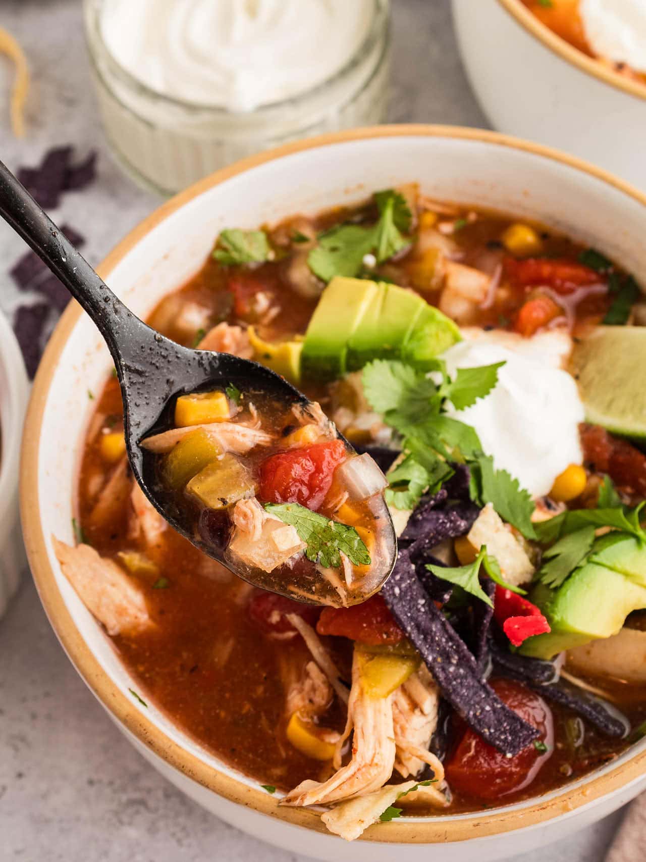 A bowl of Chicken Tortilla Soup.