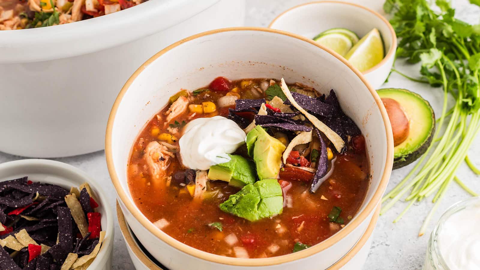 Crockpot Chicken Tortilla Soup recipe by Cheerful Cook.