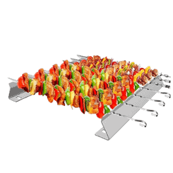 Closeup of a metal skewer with a rack.