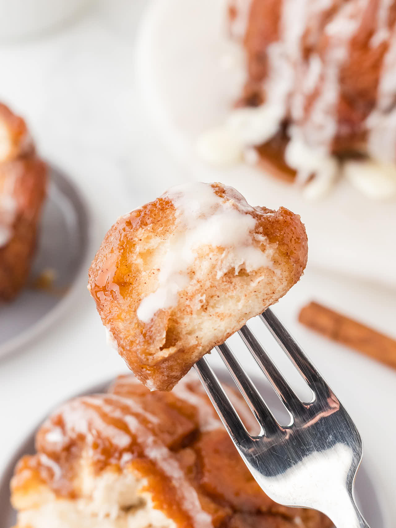 A piece of Monkey Bread on a fork.
