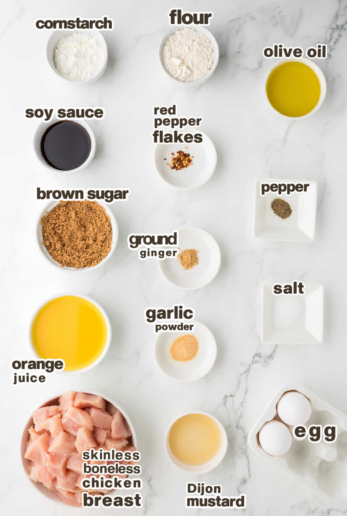 Ingredients needed to make Orange Chicken at home. 