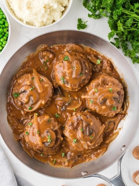Topdown view of Salisbury Steak in an skillet.