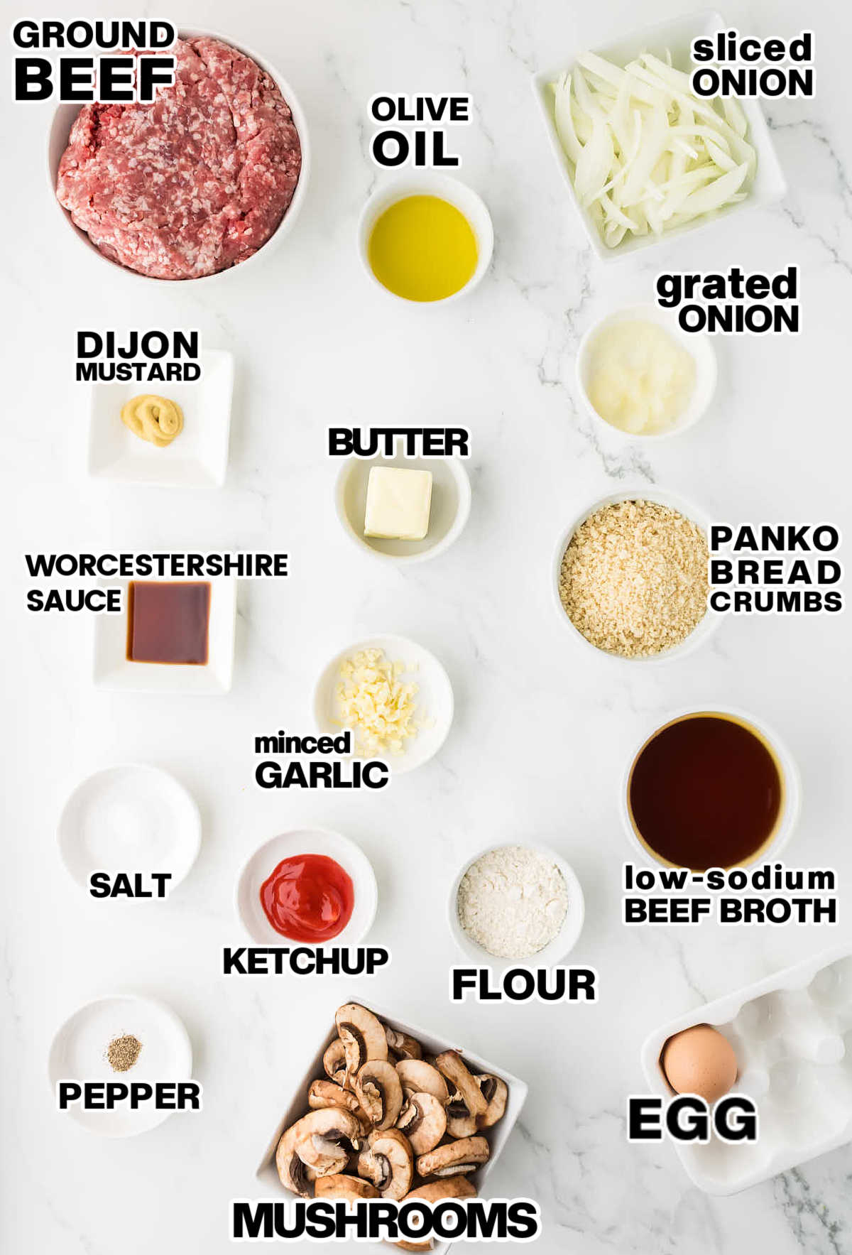 Ingredients needed to make old-fashioned Salisbury Steak. 